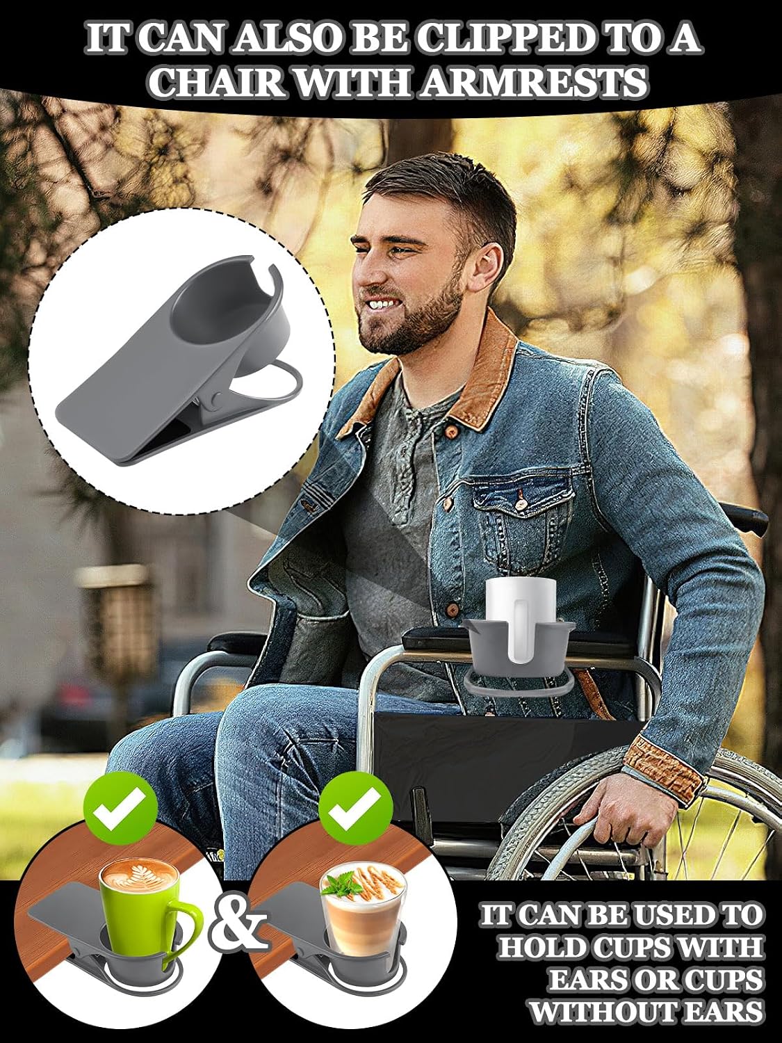 Clip on Drink Holder for Beach Chair, Desk Cup Holder with Groove | Drink Clamp Mug Cup Stand Coffee Water Bottle Cup Clip, Versatile Table Cup Holders for Home, Office, School (Gray)