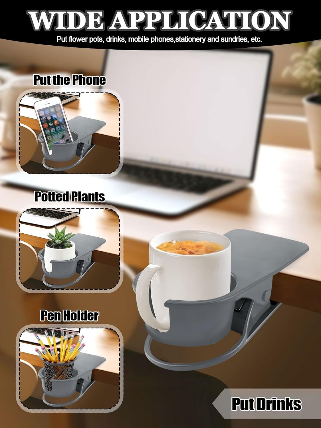 Clip on Drink Holder for Beach Chair, Desk Cup Holder with Groove | Drink Clamp Mug Cup Stand Coffee Water Bottle Cup Clip, Versatile Table Cup Holders for Home, Office, School (Gray)