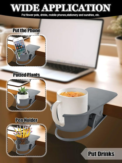 Clip on Drink Holder for Beach Chair, Desk Cup Holder with Groove | Drink Clamp Mug Cup Stand Coffee Water Bottle Cup Clip, Versatile Table Cup Holders for Home, Office, School (Gray)