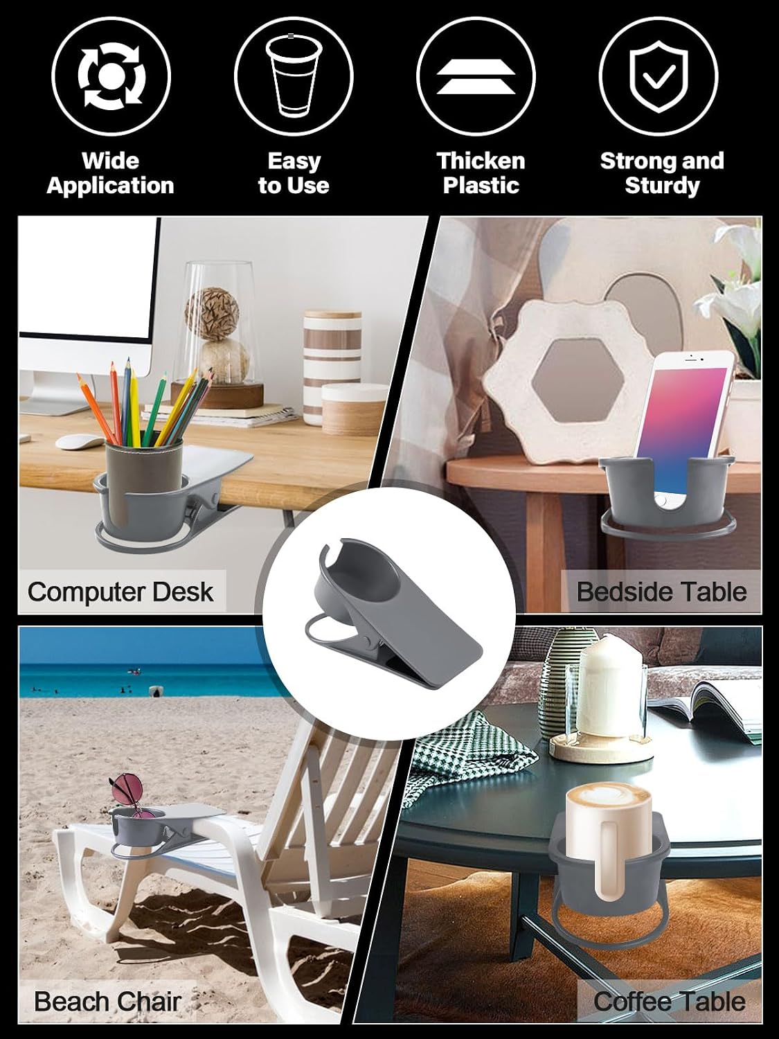 Clip on Drink Holder for Beach Chair, Desk Cup Holder with Groove | Drink Clamp Mug Cup Stand Coffee Water Bottle Cup Clip, Versatile Table Cup Holders for Home, Office, School (Gray)