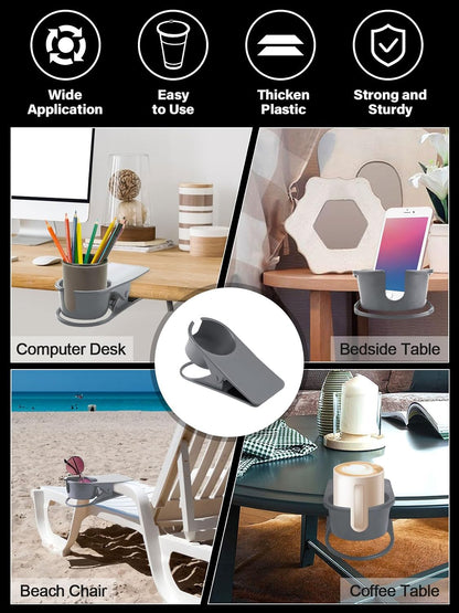 Clip on Drink Holder for Beach Chair, Desk Cup Holder with Groove | Drink Clamp Mug Cup Stand Coffee Water Bottle Cup Clip, Versatile Table Cup Holders for Home, Office, School (Gray)
