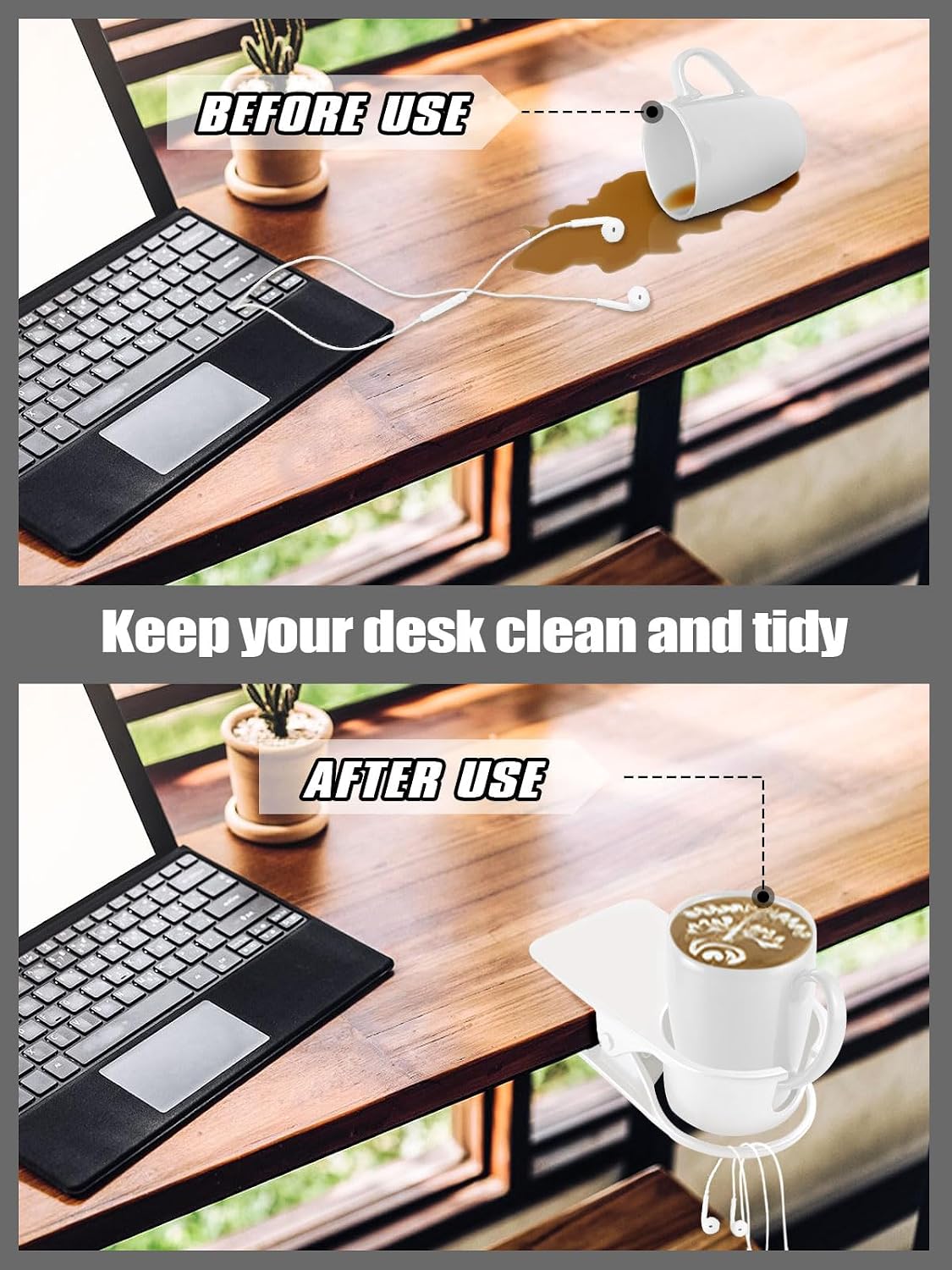 Clip on Drink Holder for Beach Chair, Desk Cup Holder with Groove | Drink Clamp Mug Cup Stand Coffee Water Bottle Cup Clip, Versatile Table Cup Holders for Home, Office, School (Gray)