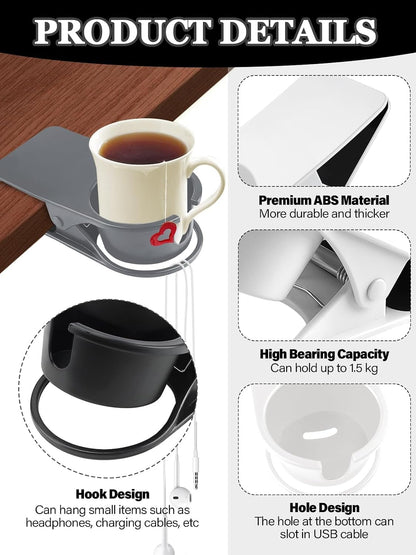 Clip on Drink Holder for Beach Chair, Desk Cup Holder with Groove | Drink Clamp Mug Cup Stand Coffee Water Bottle Cup Clip, Versatile Table Cup Holders for Home, Office, School (Gray)