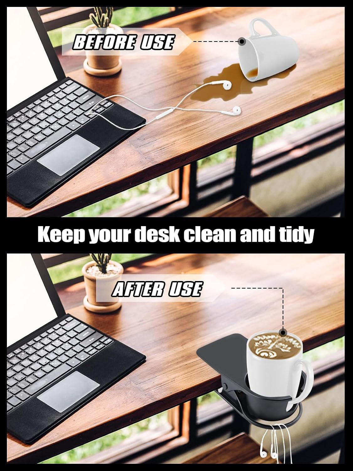 Clip on Drink Holder for Beach Chair, Desk Cup Holder with Groove | Drink Clamp Mug Cup Stand Coffee Water Bottle Cup Clip, Versatile Table Cup Holders for Home, Office, School (Gray)