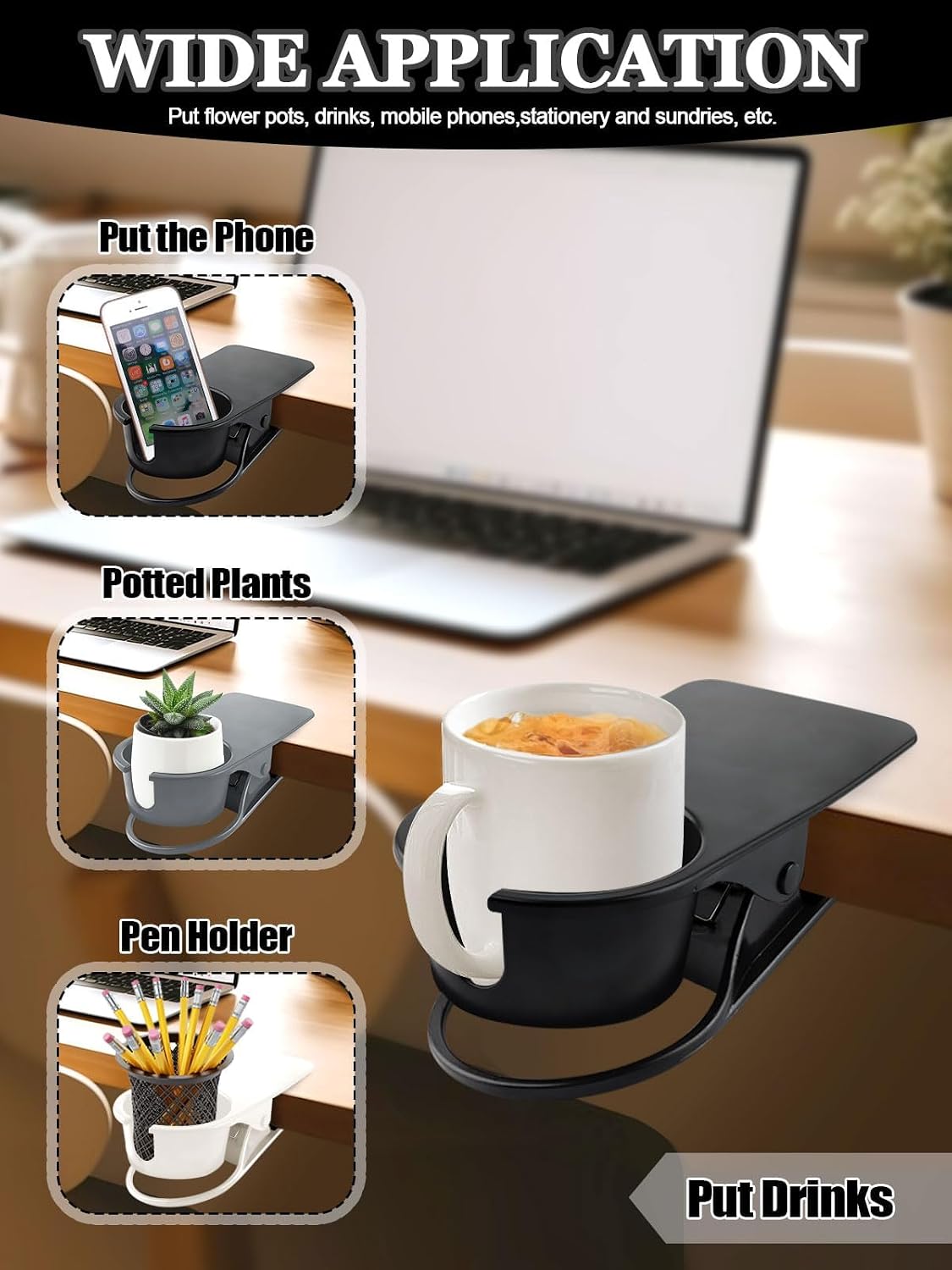 Clip on Drink Holder for Beach Chair, Desk Cup Holder with Groove | Drink Clamp Mug Cup Stand Coffee Water Bottle Cup Clip, Versatile Table Cup Holders for Home, Office, School (Gray)