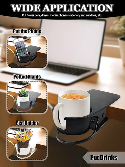 Clip on Drink Holder for Beach Chair, Desk Cup Holder with Groove | Drink Clamp Mug Cup Stand Coffee Water Bottle Cup Clip, Versatile Table Cup Holders for Home, Office, School (Gray)