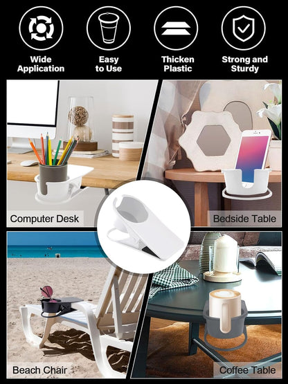 Clip on Drink Holder for Beach Chair, Desk Cup Holder with Groove | Drink Clamp Mug Cup Stand Coffee Water Bottle Cup Clip, Versatile Table Cup Holders for Home, Office, School (Gray)