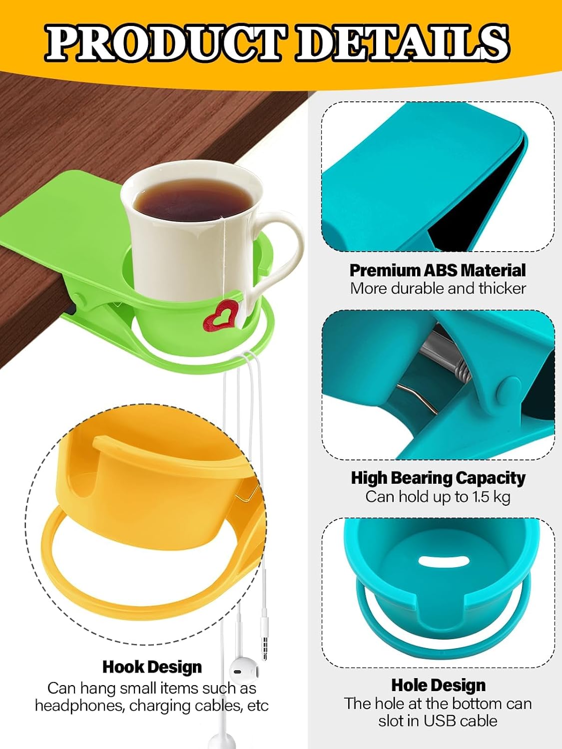 Clip on Drink Holder for Beach Chair, Desk Cup Holder with Groove | Drink Clamp Mug Cup Stand Coffee Water Bottle Cup Clip, Versatile Table Cup Holders for Home, Office, School (Gray)