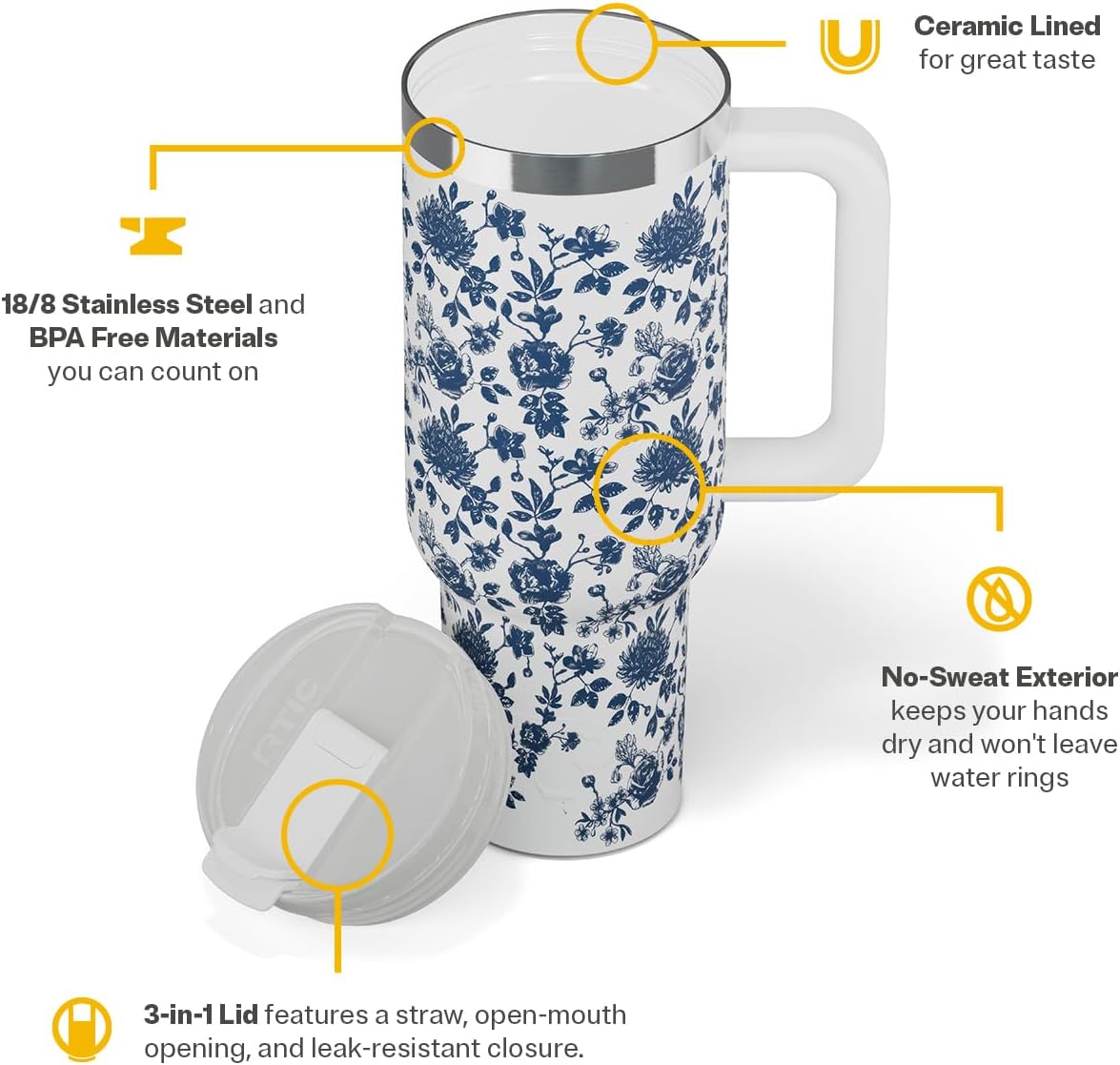 40oz Road Trip Tumbler, Insulated, Ceramic Lined, Periwinkle Bouquet