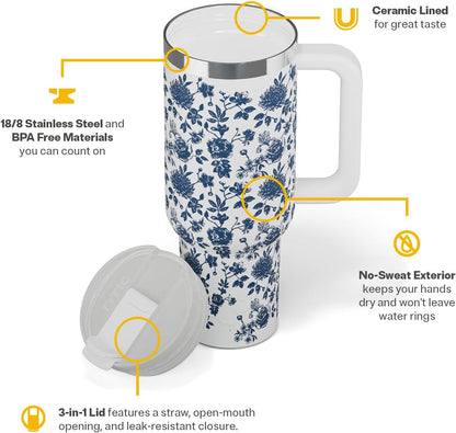 40oz Road Trip Tumbler, Insulated, Ceramic Lined, Periwinkle Bouquet