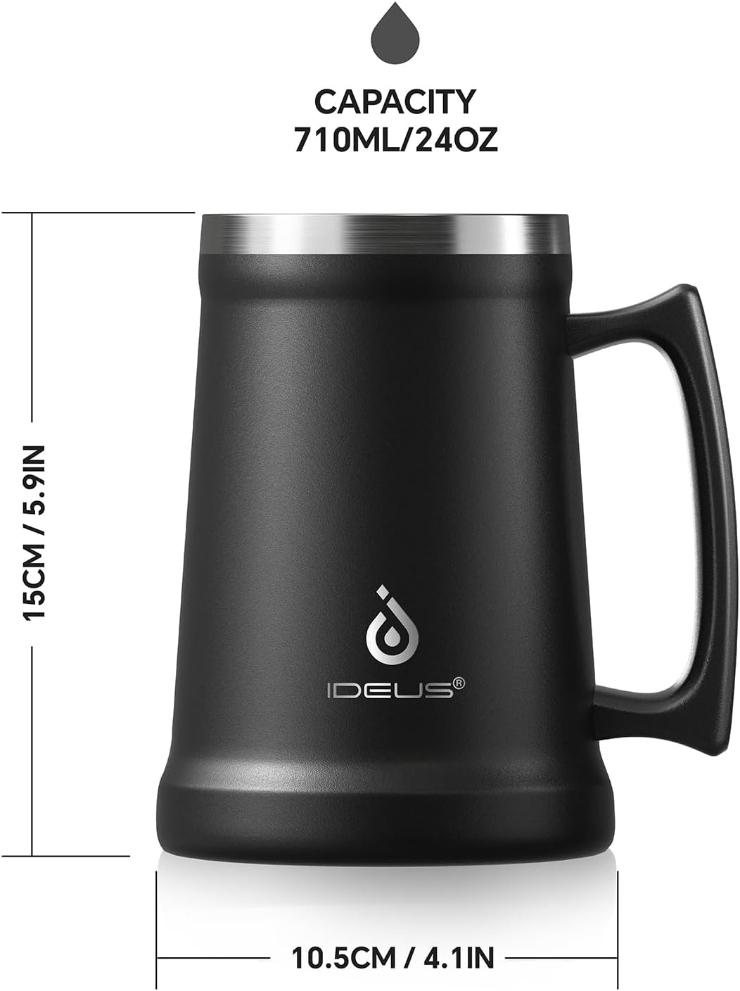 Insulated Beer Stein, 24/34oz Stainless Steel Double Walled Beer Mug Giant Bar Drinkware Metal Beer Cup with Big Grip Handle (Black, 24 ounces (710ml))