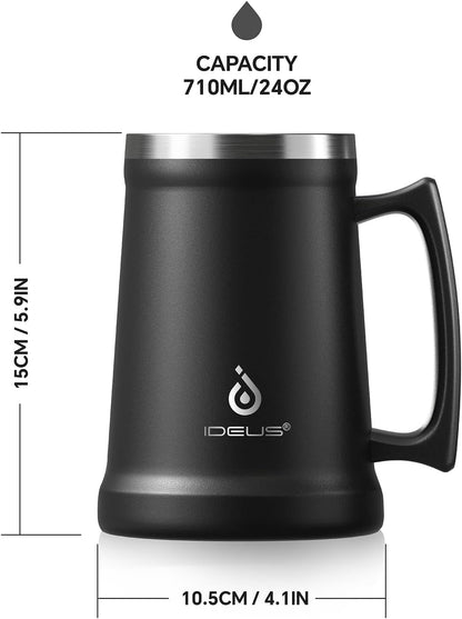 Insulated Beer Stein, 24/34oz Stainless Steel Double Walled Beer Mug Giant Bar Drinkware Metal Beer Cup with Big Grip Handle (Black, 24 ounces (710ml))