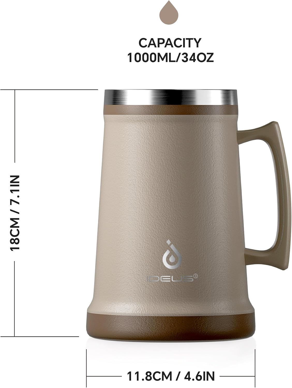 Insulated Beer Stein, 24/34oz Stainless Steel Double Walled Beer Mug Giant Bar Drinkware Metal Beer Cup with Big Grip Handle (Black, 24 ounces (710ml))