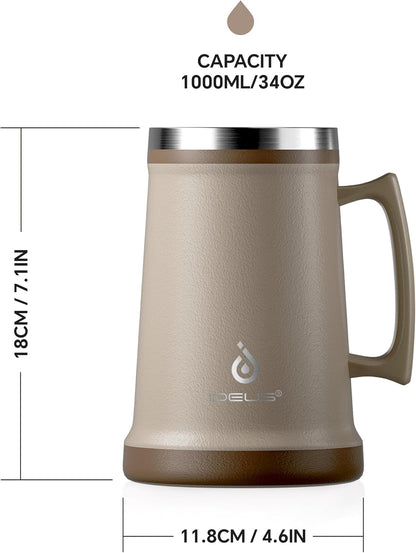 Insulated Beer Stein, 24/34oz Stainless Steel Double Walled Beer Mug Giant Bar Drinkware Metal Beer Cup with Big Grip Handle (Black, 24 ounces (710ml))