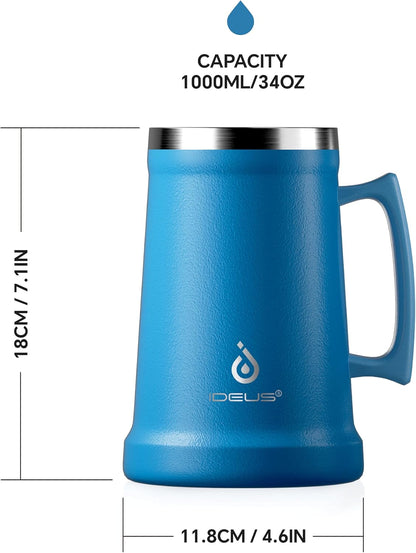 Insulated Beer Stein, 24/34oz Stainless Steel Double Walled Beer Mug Giant Bar Drinkware Metal Beer Cup with Big Grip Handle (Black, 24 ounces (710ml))