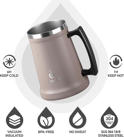 Insulated Beer Stein, 24/34oz Stainless Steel Double Walled Beer Mug Giant Bar Drinkware Metal Beer Cup with Big Grip Handle (Black, 24 ounces (710ml))