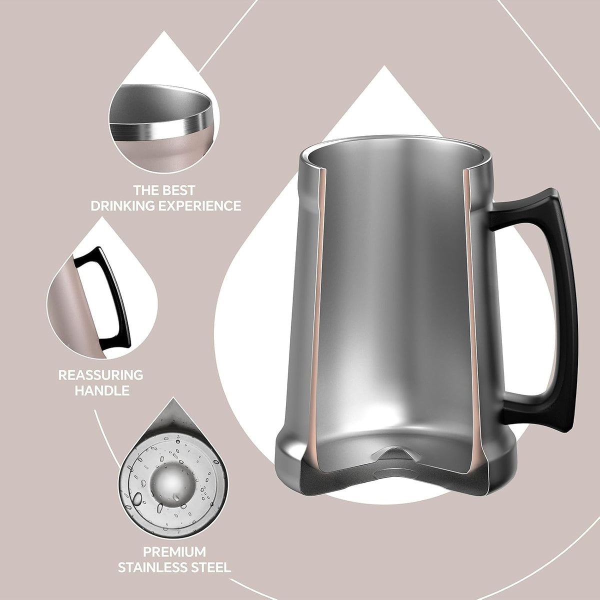 Insulated Beer Stein, 24/34oz Stainless Steel Double Walled Beer Mug Giant Bar Drinkware Metal Beer Cup with Big Grip Handle (Black, 24 ounces (710ml))