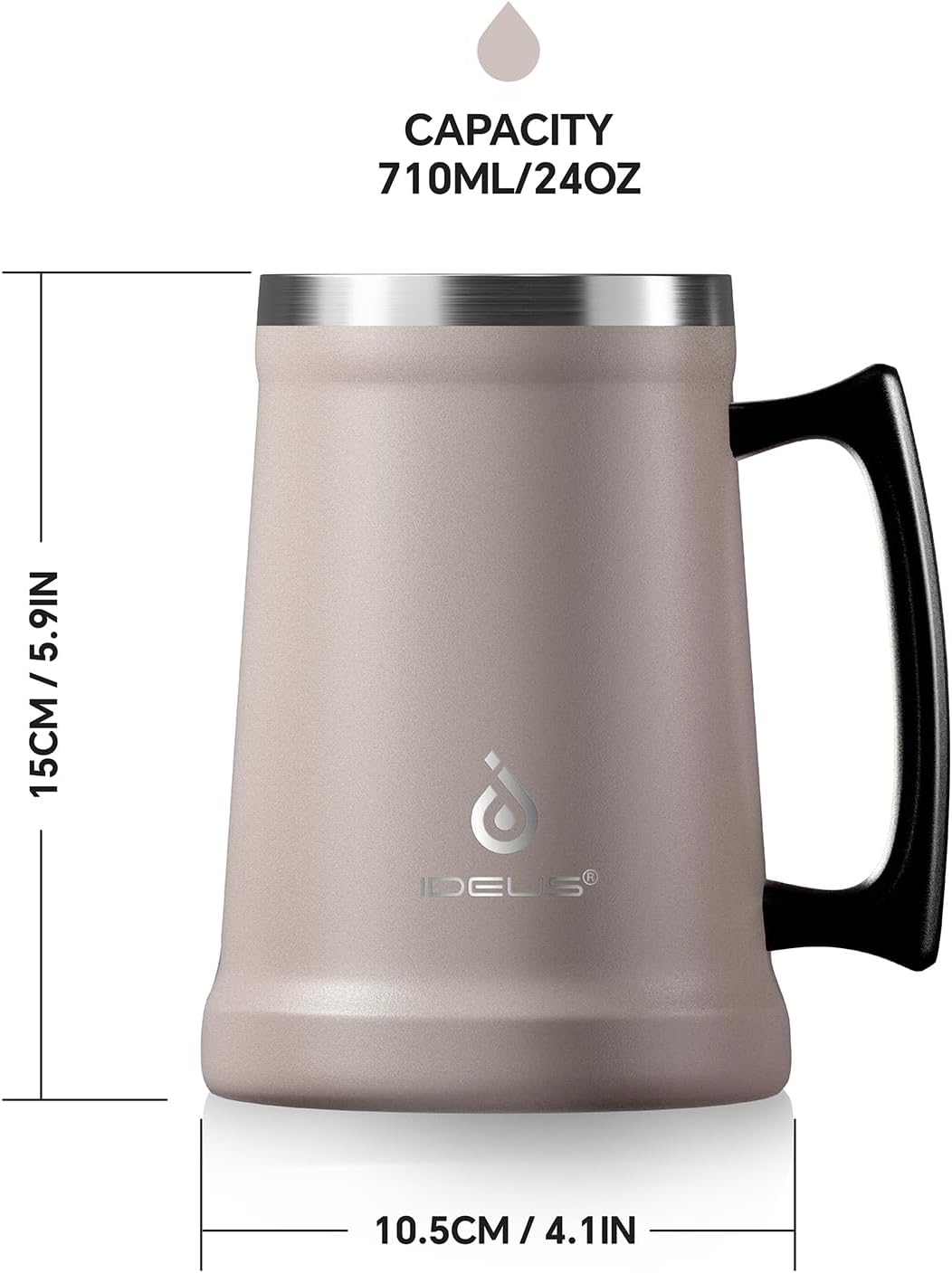 Insulated Beer Stein, 24/34oz Stainless Steel Double Walled Beer Mug Giant Bar Drinkware Metal Beer Cup with Big Grip Handle (Black, 24 ounces (710ml))