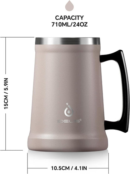 Insulated Beer Stein, 24/34oz Stainless Steel Double Walled Beer Mug Giant Bar Drinkware Metal Beer Cup with Big Grip Handle (Black, 24 ounces (710ml))