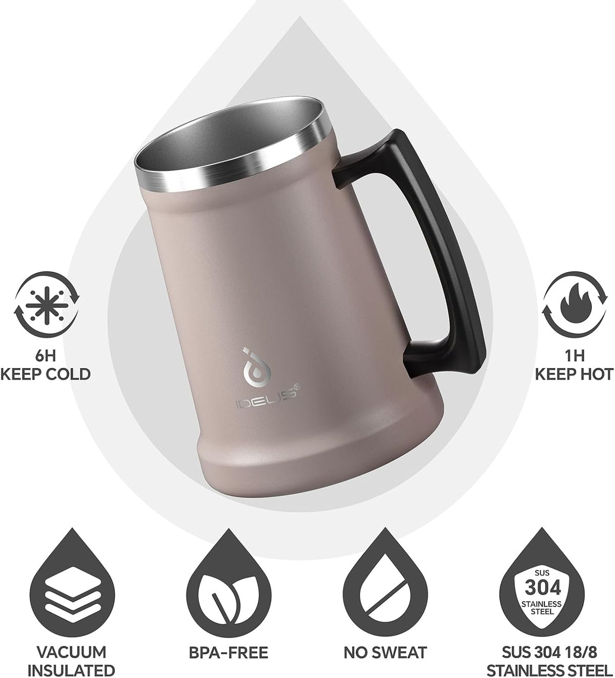 Insulated Beer Stein, 24/34oz Stainless Steel Double Walled Beer Mug Giant Bar Drinkware Metal Beer Cup with Big Grip Handle (Black, 24 ounces (710ml))