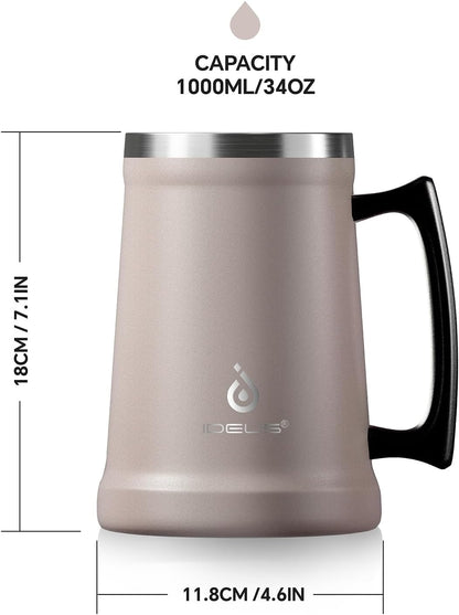 Insulated Beer Stein, 24/34oz Stainless Steel Double Walled Beer Mug Giant Bar Drinkware Metal Beer Cup with Big Grip Handle (Black, 24 ounces (710ml))