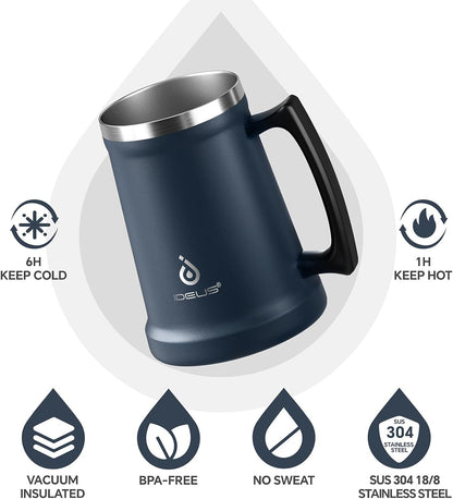 Insulated Beer Stein, 24/34oz Stainless Steel Double Walled Beer Mug Giant Bar Drinkware Metal Beer Cup with Big Grip Handle (Black, 24 ounces (710ml))