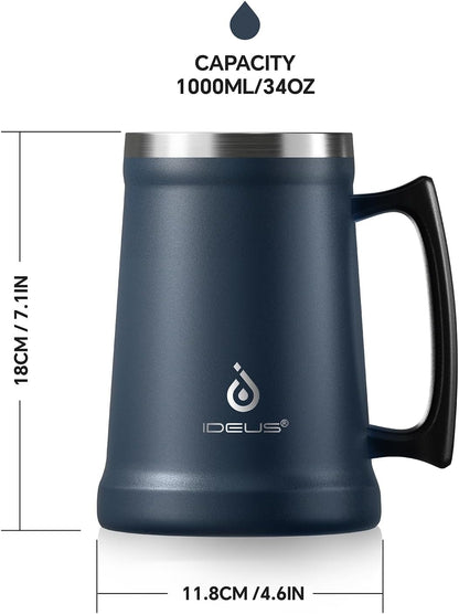 Insulated Beer Stein, 24/34oz Stainless Steel Double Walled Beer Mug Giant Bar Drinkware Metal Beer Cup with Big Grip Handle (Black, 24 ounces (710ml))