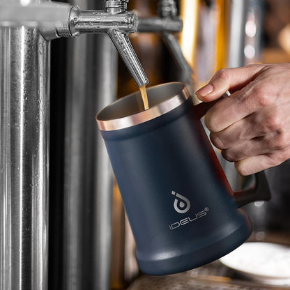 Insulated Beer Stein, 24/34oz Stainless Steel Double Walled Beer Mug Giant Bar Drinkware Metal Beer Cup with Big Grip Handle (Black, 24 ounces (710ml))