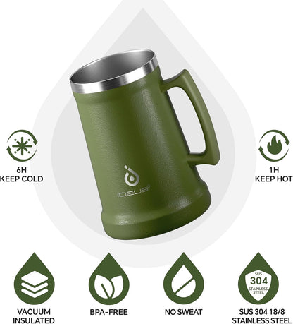 Insulated Beer Stein, 24/34oz Stainless Steel Double Walled Beer Mug Giant Bar Drinkware Metal Beer Cup with Big Grip Handle (Black, 24 ounces (710ml))
