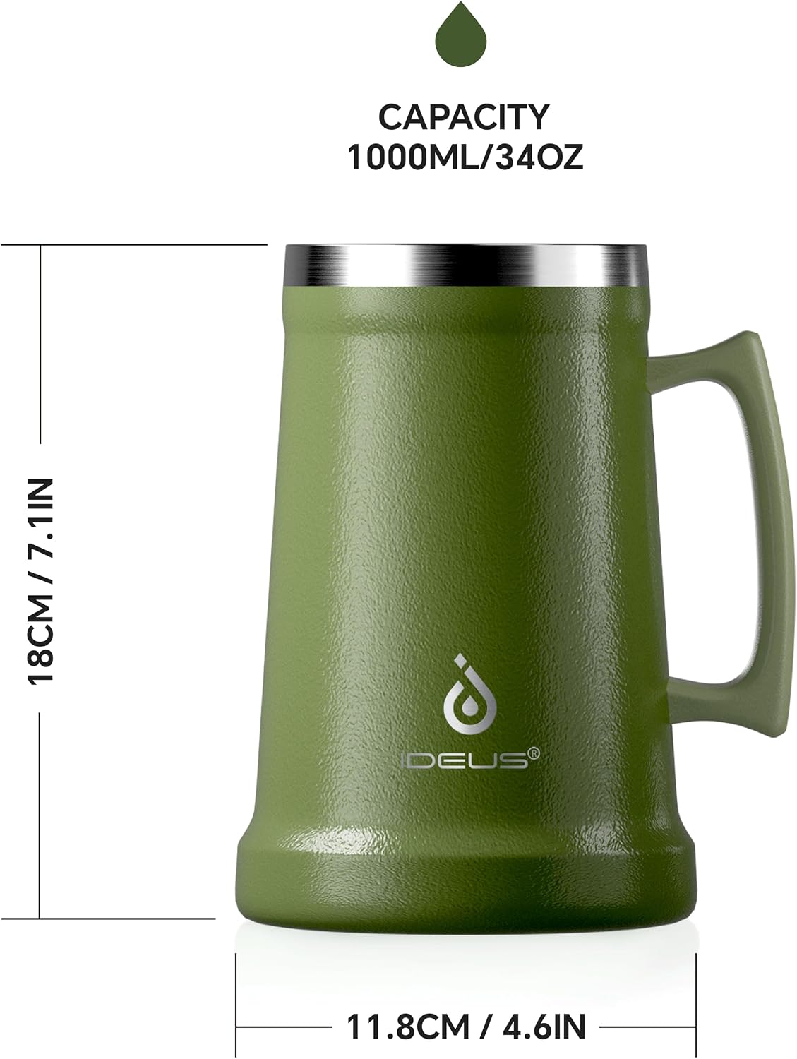 Insulated Beer Stein, 24/34oz Stainless Steel Double Walled Beer Mug Giant Bar Drinkware Metal Beer Cup with Big Grip Handle (Black, 24 ounces (710ml))