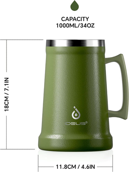 Insulated Beer Stein, 24/34oz Stainless Steel Double Walled Beer Mug Giant Bar Drinkware Metal Beer Cup with Big Grip Handle (Black, 24 ounces (710ml))