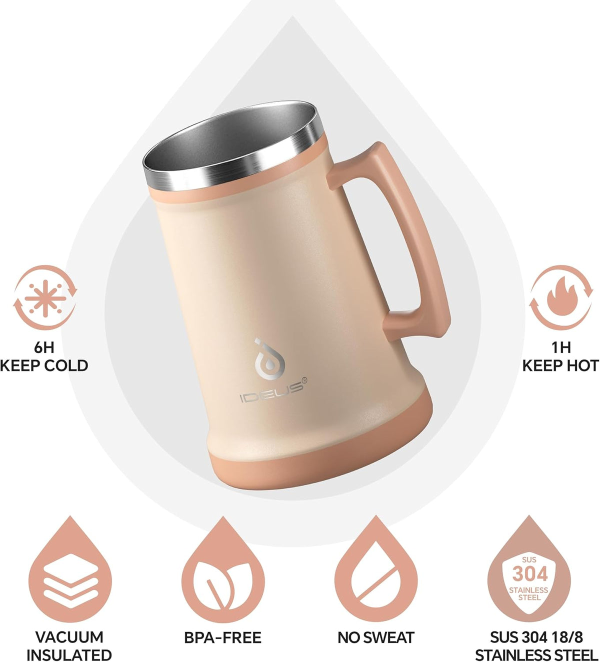 Insulated Beer Stein, 24/34oz Stainless Steel Double Walled Beer Mug Giant Bar Drinkware Metal Beer Cup with Big Grip Handle (Black, 24 ounces (710ml))