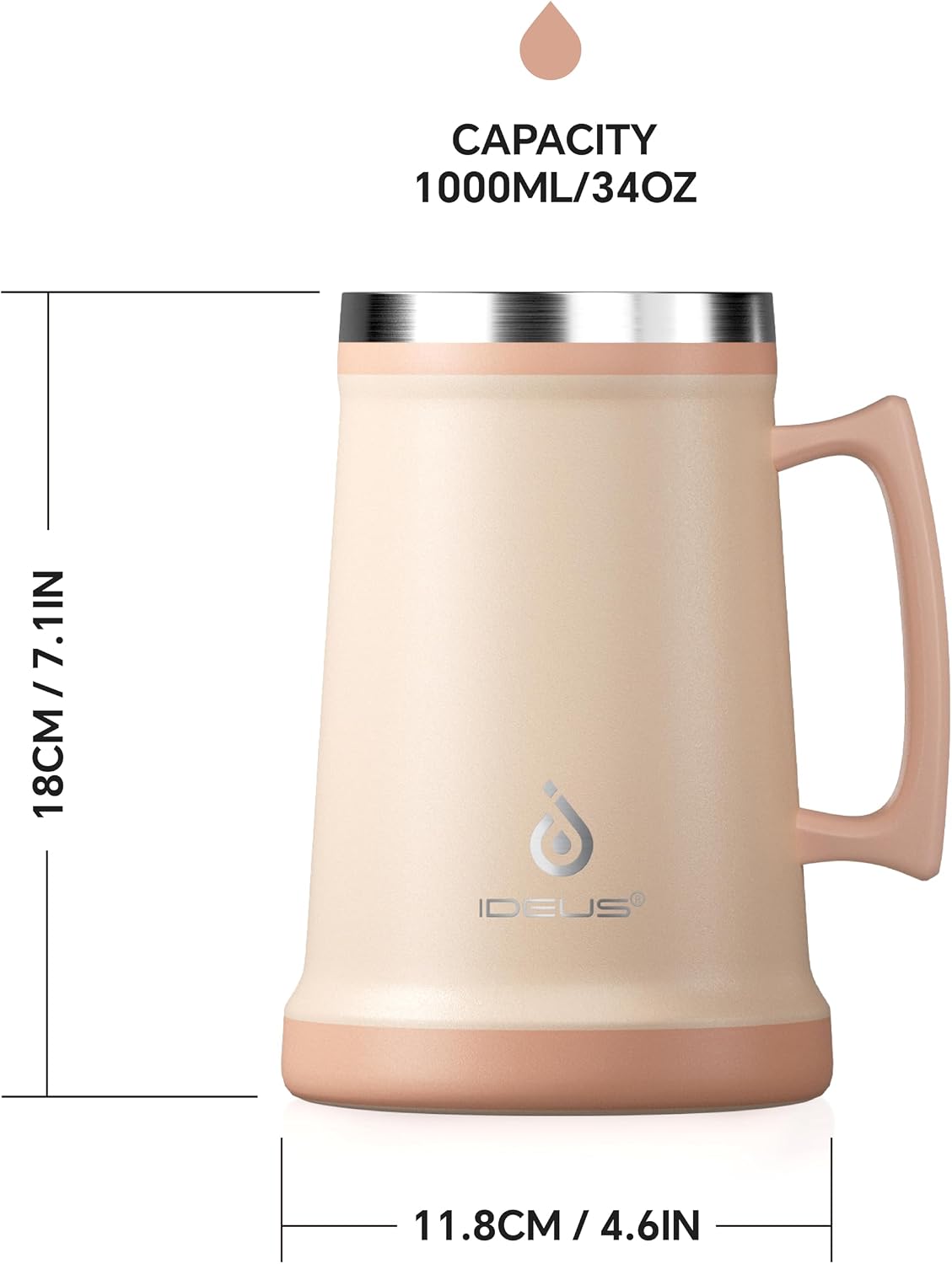 Insulated Beer Stein, 24/34oz Stainless Steel Double Walled Beer Mug Giant Bar Drinkware Metal Beer Cup with Big Grip Handle (Black, 24 ounces (710ml))