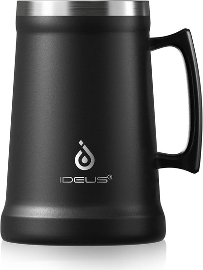 Insulated Beer Stein, 24/34oz Stainless Steel Double Walled Beer Mug Giant Bar Drinkware Metal Beer Cup with Big Grip Handle (Black, 24 ounces (710ml))