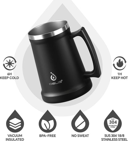 Insulated Beer Stein, 24/34oz Stainless Steel Double Walled Beer Mug Giant Bar Drinkware Metal Beer Cup with Big Grip Handle (Black, 24 ounces (710ml))