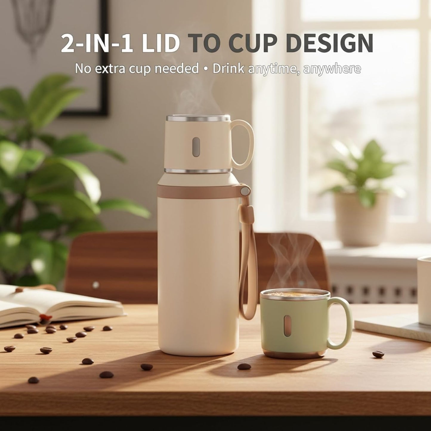 2 In 1 Stainless Steel Vacuum Insulated Bottle With Lidded Cup, 316 Stainless Steel Water Bottle, 600ml/20.3 fl oz Wide Mouth Design, Leakproof Large Capacity for Travel, Gym (Green)