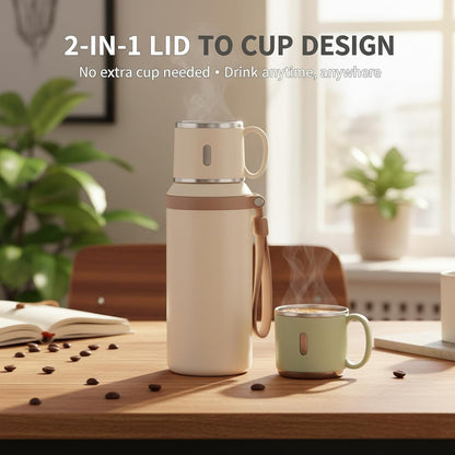 2 In 1 Stainless Steel Vacuum Insulated Bottle With Lidded Cup, 316 Stainless Steel Water Bottle, 600ml/20.3 fl oz Wide Mouth Design, Leakproof Large Capacity for Travel, Gym (Green)