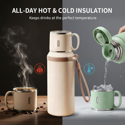 2 In 1 Stainless Steel Vacuum Insulated Bottle With Lidded Cup, 316 Stainless Steel Water Bottle, 600ml/20.3 fl oz Wide Mouth Design, Leakproof Large Capacity for Travel, Gym (Green)