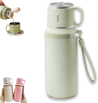 2 In 1 Stainless Steel Vacuum Insulated Bottle With Lidded Cup, 316 Stainless Steel Water Bottle, 600ml/20.3 fl oz Wide Mouth Design, Leakproof Large Capacity for Travel, Gym (Green)