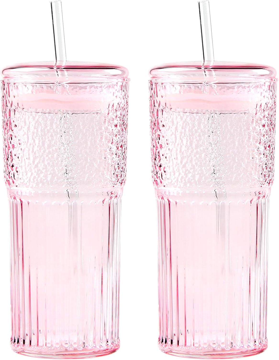 Glass Coffee Cups with Lids and Straws, 20oz Drinking Jar Glass Tumbler for Iced Coffee, Vintage Ripple Glassware Smoothie Cups, Pink, 2Pcs