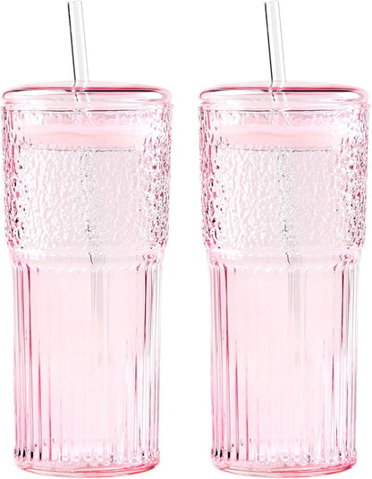 Glass Coffee Cups with Lids and Straws, 20oz Drinking Jar Glass Tumbler for Iced Coffee, Vintage Ripple Glassware Smoothie Cups, Pink, 2Pcs