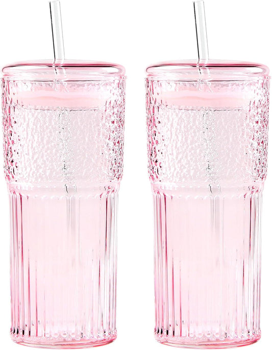 Glass Coffee Cups with Lids and Straws, 20oz Drinking Jar Glass Tumbler for Iced Coffee, Vintage Ripple Glassware Smoothie Cups, Pink, 2Pcs