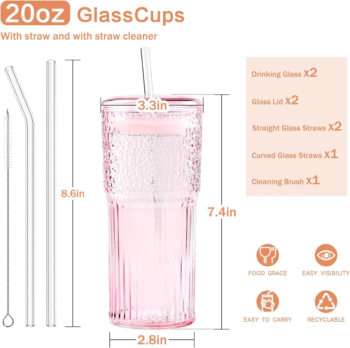 Glass Coffee Cups with Lids and Straws, 20oz Drinking Jar Glass Tumbler for Iced Coffee, Vintage Ripple Glassware Smoothie Cups, Pink, 2Pcs