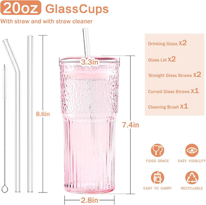 Glass Coffee Cups with Lids and Straws, 20oz Drinking Jar Glass Tumbler for Iced Coffee, Vintage Ripple Glassware Smoothie Cups, Pink, 2Pcs