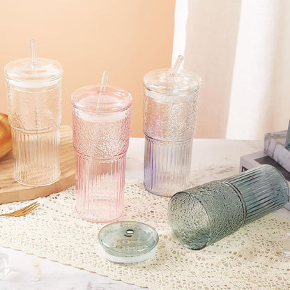 Glass Coffee Cups with Lids and Straws, 20oz Drinking Jar Glass Tumbler for Iced Coffee, Vintage Ripple Glassware Smoothie Cups, Pink, 2Pcs