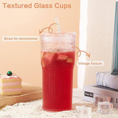 Glass Coffee Cups with Lids and Straws, 20oz Drinking Jar Glass Tumbler for Iced Coffee, Vintage Ripple Glassware Smoothie Cups, Pink, 2Pcs