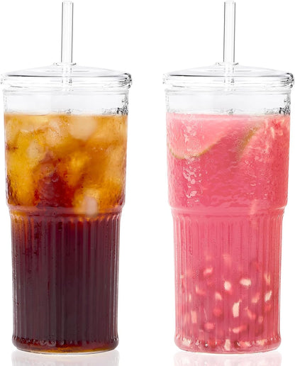Glass Coffee Cups with Lids and Straws, 20oz Drinking Jar Glass Tumbler for Iced Coffee, Vintage Ripple Glassware Smoothie Cups, Pink, 2Pcs