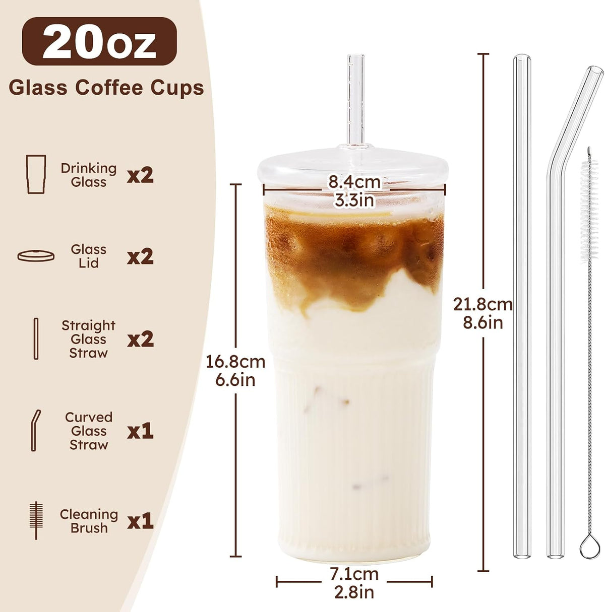 Glass Coffee Cups with Lids and Straws, 20oz Drinking Jar Glass Tumbler for Iced Coffee, Vintage Ripple Glassware Smoothie Cups, Pink, 2Pcs