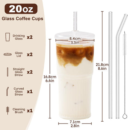 Glass Coffee Cups with Lids and Straws, 20oz Drinking Jar Glass Tumbler for Iced Coffee, Vintage Ripple Glassware Smoothie Cups, Pink, 2Pcs