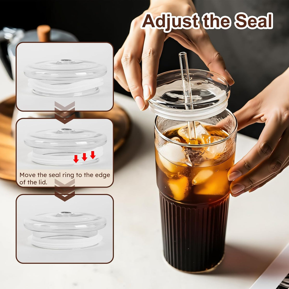 Glass Coffee Cups with Lids and Straws, 20oz Drinking Jar Glass Tumbler for Iced Coffee, Vintage Ripple Glassware Smoothie Cups, Pink, 2Pcs
